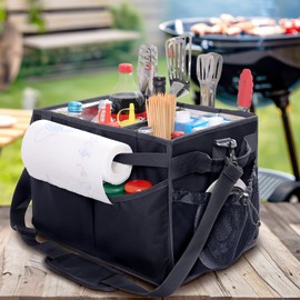 FRECOLSH Large Grill Caddy with Paper Towel Holder – Collapsible BBQ Organizer for Camping, Tailgating, RV, Boating – Grilling Gifts for Men – Griddle Tote Bag with Shoulder Strap – Outdoor Essentials