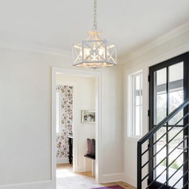 ZSDHXi 6-Light Antique White Pendant Light, Modern Farmhouse Chandeliers for Dining Room, Adjustable Hexagonal Metal Hanging Light, Vintage Geometric Pendant Lighting for Kitchen Island Entryway Foyer