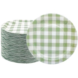 HSPAIDYP 50Pcs Gingham Party Supplies 7" SageGreen Plaid Paper Plates Sage Checkered Plate Disposable Green and White Plaid Plates for Baby Shower Wedding Picnic BBQ Birthday Party Decor (Sage)