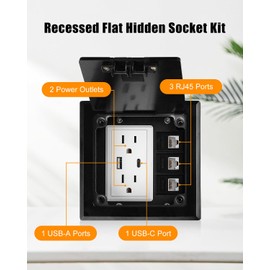Recessed Flat Hidden Socket Kit with 2 * 15A AC Receptacle, 3* RJ45 Datacom Receptacle + 4.8A 1* USB-A Port & 1* USB-C Port, Recessed Floor Outlet Kit Power Outlet Internal Height Adjustable