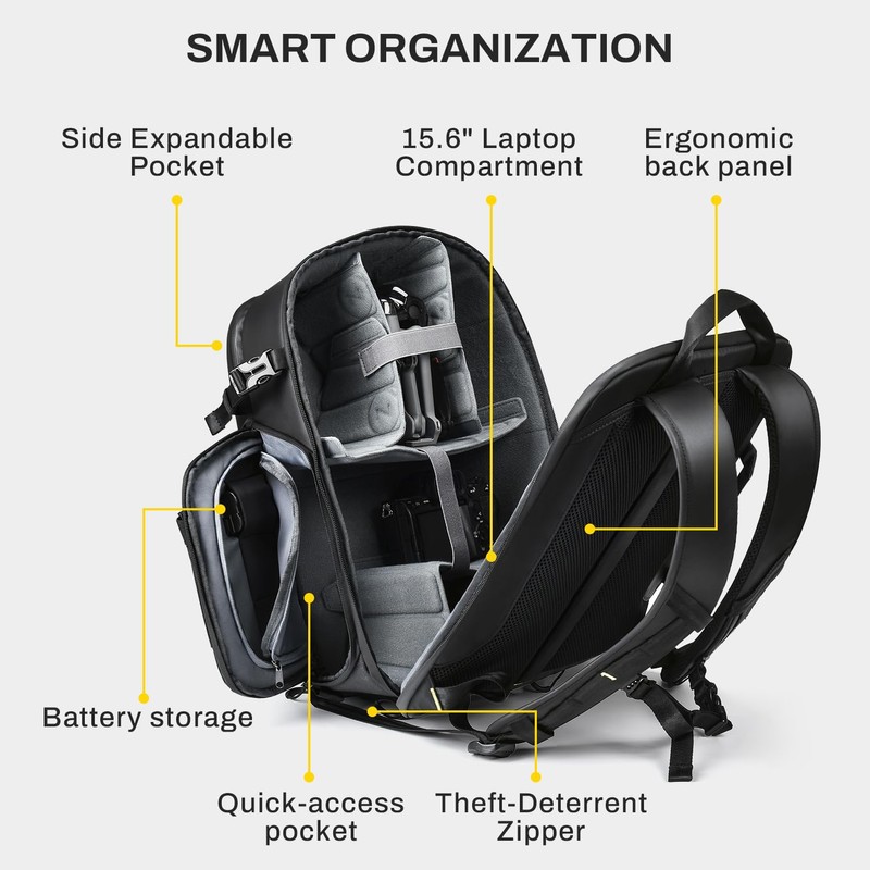 RaLeno Camera Backpack Bag, 22L+5L (Expandable Compartment) Waterproof Camera Case