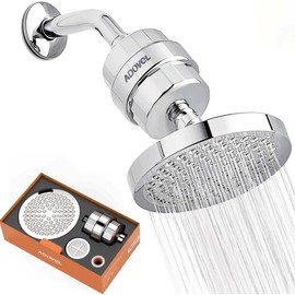 ADOVEL High Output Shower Head and Hard Water Filter, 15 Stage Shower Filter Removes Chlorine & Harmful Substances, Water Softener Showerhead for Bathroom, Rain Shower, 1 Replaceable Filter Cartridge
