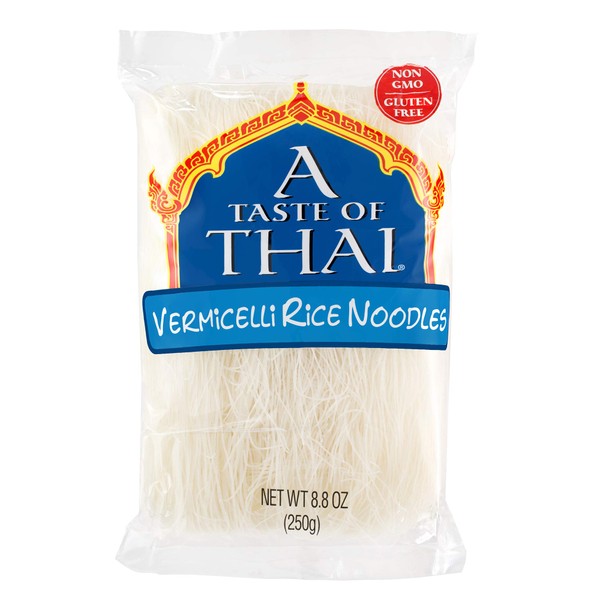A Taste of Thai Vermicelli Rice Noodles - 8.8oz Pack of 6 Angel Hair Pasta | Use in Stir-fries Soups & Stews | Great Side Dish or Vegan Meal | Gluten-free | No Preservatives | No Trans Fats | No MSG