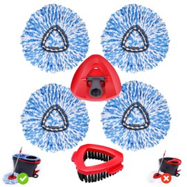 4-Pack Microfiber Spin Mop Head Replacements - Compatible with Oceda RinseClean 2-Tank System,Comes with 1 Mop Scrub Brush, 1 Mop Base & 4 Cleaning Floor Mop Heads Blue