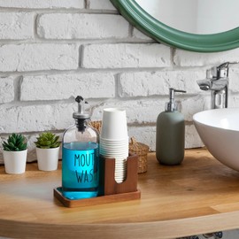 Mouthwash Dispenser for Bathroom, 16 OZ Glass Mouthwash Dispenser with Pour Spout and Acacia Wood Cup Holder and Tray, Mouth Wash Bottle Container, Farmhouse Kitchen Bathroom Decor and Accessories