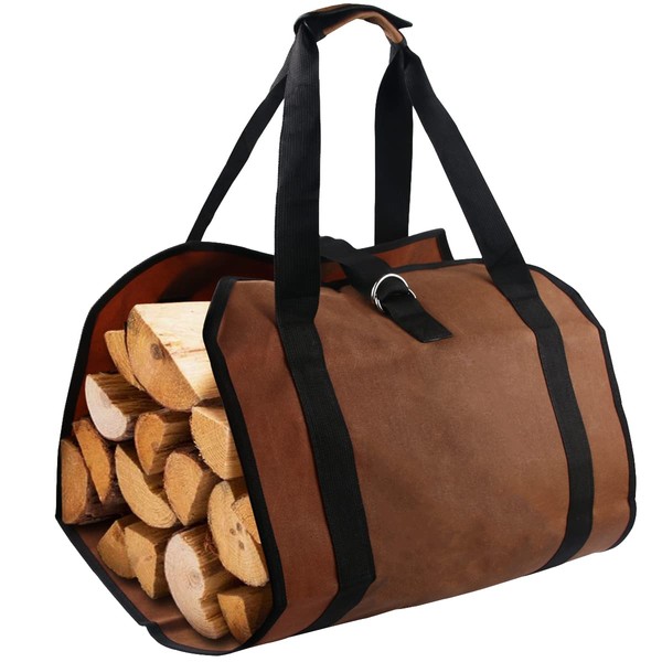 Firewood Carrier Log Bag Waxed Canvas Log Tote Bag for Indoor Fireplace Log Holders with Handle Large Fire Wood Carriers for Outdoor Fire Pit Fireplace Wood Stove Accessories Log Bag