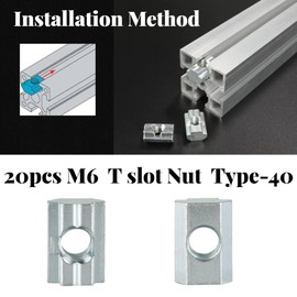 Pack of 20 Sliding T-slot nuts, carbon steel, galvanised hammer head mounting kit for aluminium profile (M6)