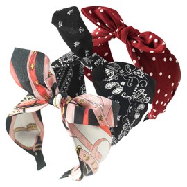 scicent Polka Dot Headband for Women Bow Knot Fabric Hairbands Bunny Ear Twisted Hair Bands Wide Hair Hoops Hair Accessories Pack of 3pcs - 4520