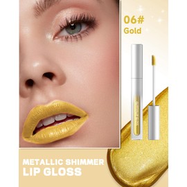 Glitter Lip Gloss Gold, Metallic Shimmer Liquid Lipstick 24 Hours Hold, Waterproof Non-Stick Cup Diamond Glitter Lip Gloss, Highly Pigmented Sparkly Glossy Lipstick Makeup for Cosplay Party 06