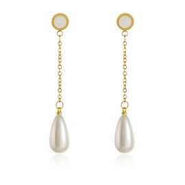 KOMI Pearl Earrings for Women Trendy 18K Gold Plated Pearl Dangle Earrings Boho Shell Pearl Drop Earrings Dainty Gold Earrings for Women Birthday Gold Wedding Bridal Earrings for Bride Jewelry Gifts