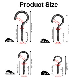 FINEASY Set of 80 Screw Hooks, Ceiling Hooks, Stainless Steel, Hooks for Screws, Hook Screws, Screw-In Hooks, Robust Cup Hooks, Screw Hooks, Large Small in 4 Sizes, Black