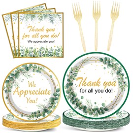 96Pcs Thank You Party Plates Napkins We Appreciate U Tableware Set Green Eucalyptus Leaf Disposable Plate Fork Employee Appreciation Dinnerware Teachers Doctors Nurses Staff Graduate Supplies Serve 24
