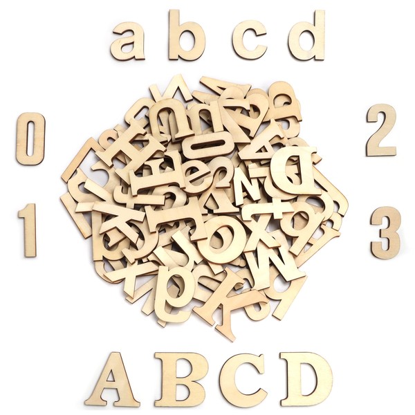 HANDI STITCH Unfinished Wooden Letters & Numbers (124 Pieces) - 52 Uppercase Letters (A-Z) - 20 Numbers (0-9) - DIY Wooden Letters Small Door Letters Wooden Numbers for Crafts