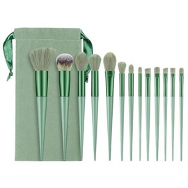 Juego de brochas de maquillaje profesional de 13 piezas, pinceles portátiles color verde menta con bolsa de almacenamiento, cerdas sintéticas súper su