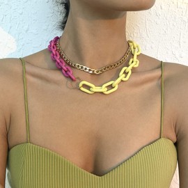 Jumwrit Layered Choker Necklace Punk Cuban Link Chain Necklace Two-Tone Resin Necklace Curb Link Chain Paperclip Necklace for Women
