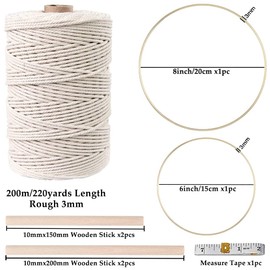 152pcs Macrame Kits for Beginners 3mm x 220yards Natural Cotton Macrame Cord with Wooden Beads,Wooden Rings,Wooden Sticks,Metal Rings Macrame Supplies Best for Macrame Plant Hanger