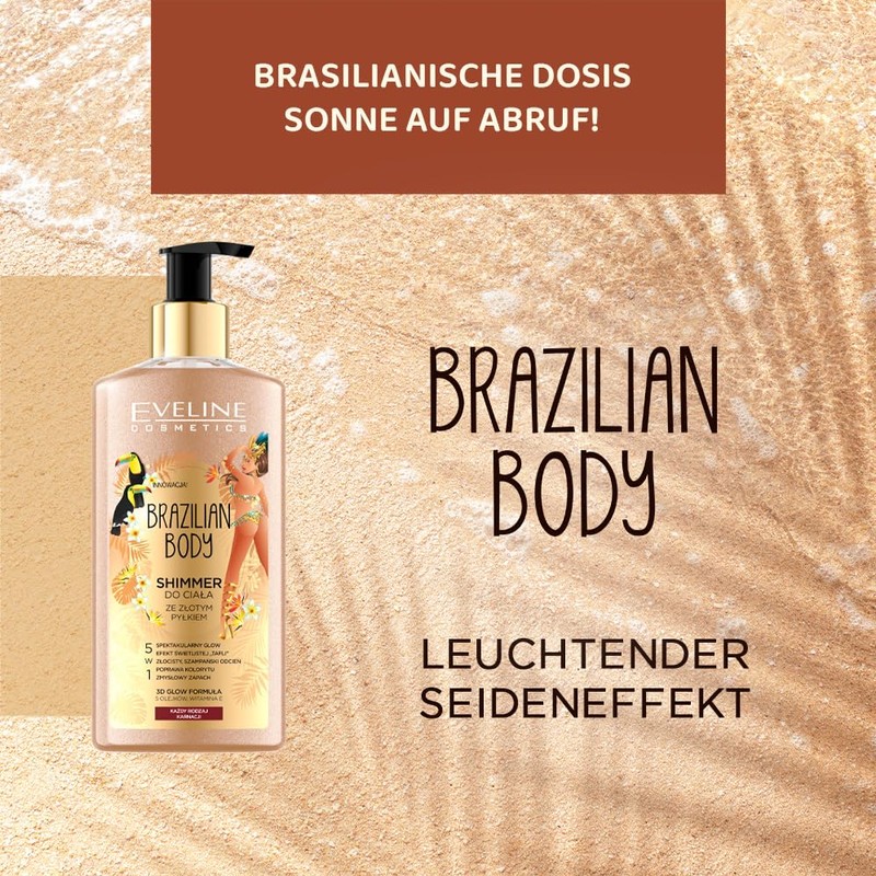 Eveline Cosmetics Brazilianische Körperlotion Shimmer mit Goldglitter & natürlichen Ölen