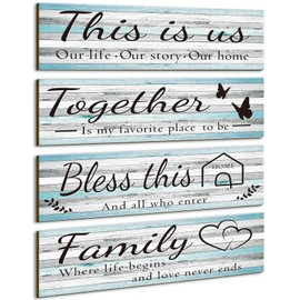 4 Pcs Home Wall Signs, This is Us, Together, Bless this, Family Rustic Wooden Wall Art with Quotes for Room Living Bedroom Kitchen Farmhouse Decor 35 X12 Cm (White Blue)
