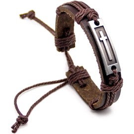 LNKRE JEWELRY Medium Brown Religious Cross Bracelet Adjustable Pu Leather Hemp Comfort Fit