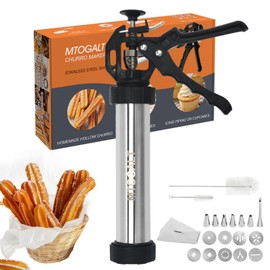 Churro Maker Machine, 21-Piece Stainless Steel Churro Gun Kit, Churros Maker Gun, Cookie Press Set, Hollow Churro, Spritz Cookie Press Gun with Piping Bag, Filler, 6 Tips, 9 Discs, 2 Brushes