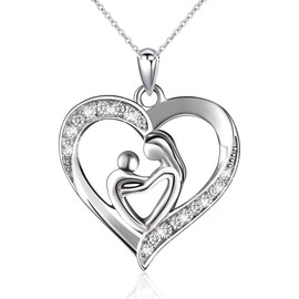 925 Sterling Silver Mother and Child Love Heart Pendant Necklace Jewelry Gifts for Grandmother Mom Daughter Wife Mother Birthday Anniversary Christmas Party