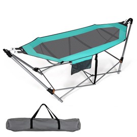 Giantex Portable Folding Hammock, Lounge Camping Bed with Hammock Stand, Indoor & Outdoor Hammocks w/Side Pocket, Anti-tip Buckles & Iron Stand for Camping Outdoor Patio Yard Beach (Turquoise)
