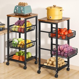 SNTD Fruit Basket Vegetable Stand for Kitchen Pantry, Pull Out Metal Wire Basket with Wood Top for Fruit Vegetable Onions Potatoes Snacks