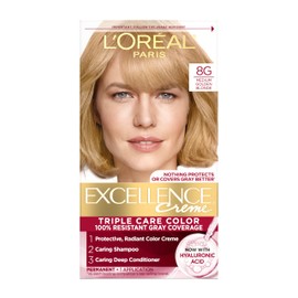 L'Oreal Paris Excellence Crème Permanent Hair Dye, Triple Care Hair Color with Pro-Keratine Complex for 100% Gray Hair Coverage, 8G Medium Golden Blonde, 1 Kit
