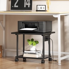 Asgolion 2-Tier Under Desk Printer Stand with Charging Station, Wheels, Space-Saving, Sturdy, Easy Assembly, Black