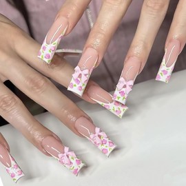 BABALAL Acrylic Press on Nails Long - Square Fake Nails, Flower White French Tip Glue on, Bow Charm Design Supplies 24Pcs Coquette Manicure False Nails Diy Artificial Art Gel