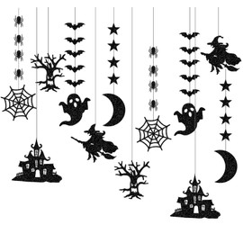 Halloween Bat Spider Hanging Kit, 12 Pieces Halloween Ornaments Black Glitter Bat Witch Spider Web Ghost Banner Garland, Scary Theme Wall Stickers Hanging for Halloween Party Haunted House Decoration