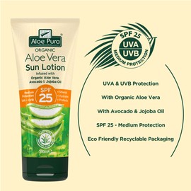 Aloe Pura Aloe Pura, Organic Aloe Vera Sun Lotion SPF 25, Natural, Vegetarian, Cruelty Free, Paraben & SLS Free, Long-Lasting Shield, Medium Protection, 200ml