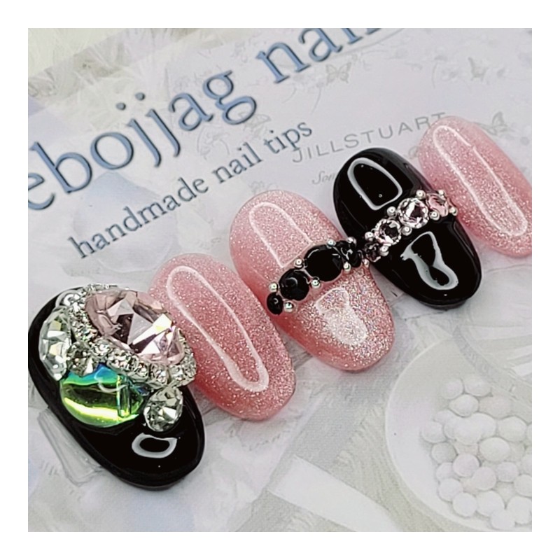 Black Pink Handmade Nail Tips - Lipstick / 블랙 핑크