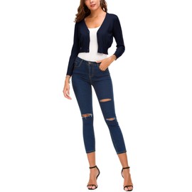 EXCHIC Women's Trendy Bolero Shrug Cropped Cardigan 3/4 Sleeve Open Front Short Cardigans (L, Navy Blue)