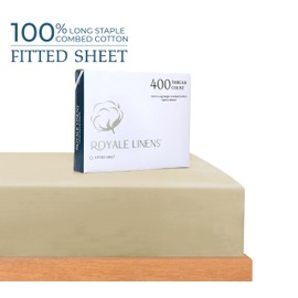 Royale Linens 400 Thread Count 100% American Grown Cotton Fitted Sheet Full Size - All Around Elastic Fitted Sheet - Luxury Sateen Weave - Snug Fit Bottom Sheets Fit Up to 16" (Full,Moroccan Sand)