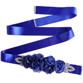 Lauthen.S Sash Belt with Flowers Pearls Rhinestone for Wedding Bride/Baby Shower Dress (One Size, Royal Blue)