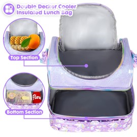 YOYTOO Kids Double Decker Cooler Insulated Lunch Bag, Back to School Large Meal Tote for Boys, Girls, Men, Women, with Adjustable Strap, Unicorn