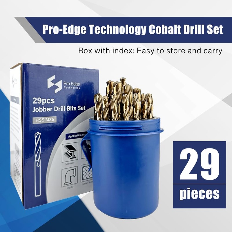 Pro-Edge Technology Cobalt Drill Set(1/16"-1/2"), 29 Pcs, M35 Jobber Drill