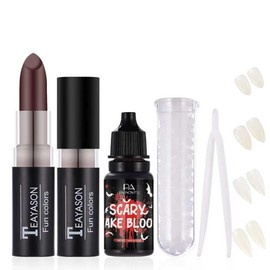 PASNOWFU Vampire Makeup SFX Kit - 4 Pairs Fake Fangs Teeth with Adhesive, Realistic Washable Fake Blood, Red Lipstick, Halloween SFX Cosplay Makeup Set for Vampire Costumes , Theatre,Cosplay