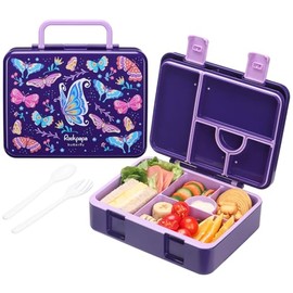 rockpapa 5 Compartment Bento Lunch Box for Kids, Leak Proof, Dishwasher Safe, BPA Free Materials, 47oz Snack Bento Box with Utensils & Handle for Boys Girls Ages 3+ (Purple Butterfly)