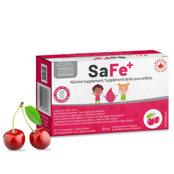 SaFe+ Liquid Iron for Children | Great Tasting Cherry Flavor | Easy to Use 20mg/2mL Iron per ampule | 30 Unit-Doses (2 ml Each) I Sugar Free & Allergen Free I Maintain Physical & Mental Wellbeing