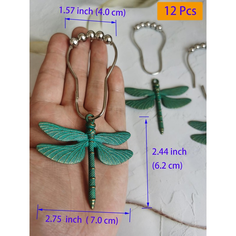 Antique Green Dragonfly Shower Curtain Hooks - Decorative Shower Hooks