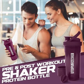 2-Pack Shaker Bottle - 24 Ounce Protein Shaker Bottle for Pre & Post workout with Twist and Lock Protein Box Storage (All Plum & Clear/Plum)