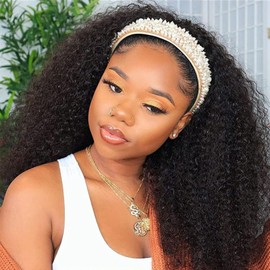Punmasa Kinky Curly Headband Wig Human Hair 180% Density Glueless Wigs for Black Women 10A Afro Kinky Curly None Lace Front Wig Real Human Hair Natural Curls 18 Inch