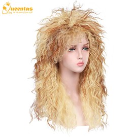QUEENTAS 70s Wigs for Women Heavy Metal Rocker Mullet Wig 80s Long Curly Costume Anime Hair Wig (Blonde Mix Orange)