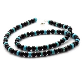 Onyx Necklace Black Bead and Turquoise 925 Sterling Silver Clasp Handmade (20" - 50.8cm)
