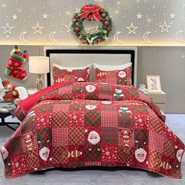 Christmas Quilt Set Queen Size Red Santa Claus Snowman Reindeer Plaid Patchwork Quilted Bedspread Coverlet Set 3 Piece Bedding Set Reversible Lightweight Comforter Bed Cover Blanket with 2 Pillowcases
