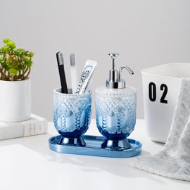 Ceramic Bathroom Accessories Set, 3pcs Blue Bathroom Soap Dispenser Sets with Lotion Dispenser, Toothbrush Holder, Soap Dish - Complete 3 Pieces Set Bathroom Accessories