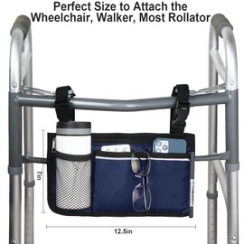 Wheelchair Side Bag, Wheelchair Armrest Storage Pouch with Cup Holder and Reflective Strip for Wheelchairs, Walkers or Rollators (Blue)