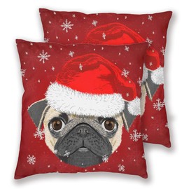 JIMOWANG Throw Pillow Covers Set of 2 Pug Dog Merry Christmas 18 x 18 Inch Decorative Square Pillowcase Throw Cushion Case for Sofa Bed Chair Car